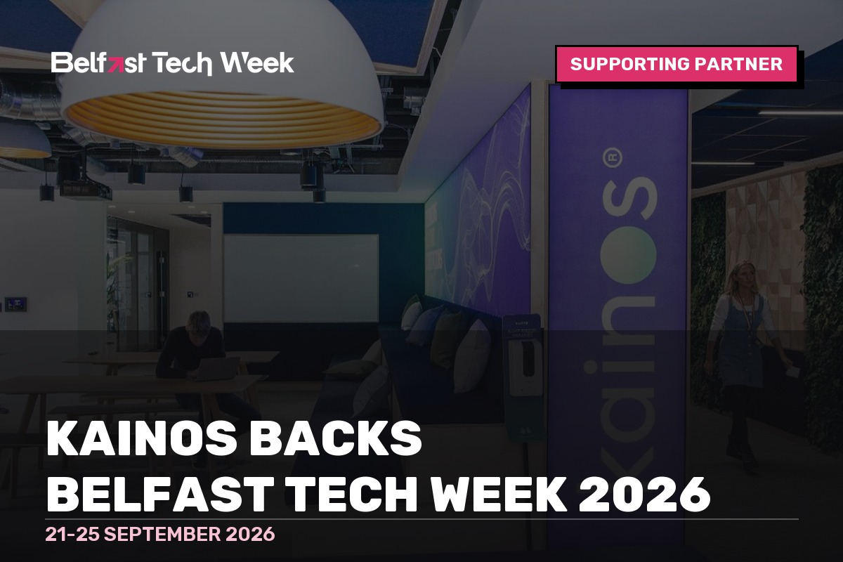 Kainos backs Belfast Tech Week 2026 announcement over a photo of the Kainos office in Belfast