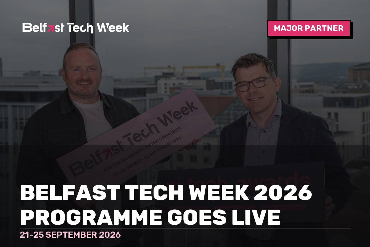 Simon Bailie of Belfast Tech Week and Sean Devlin of MCS Group holding Belfast Tech Week and NI Tech Awards signs above the Belfast skyline